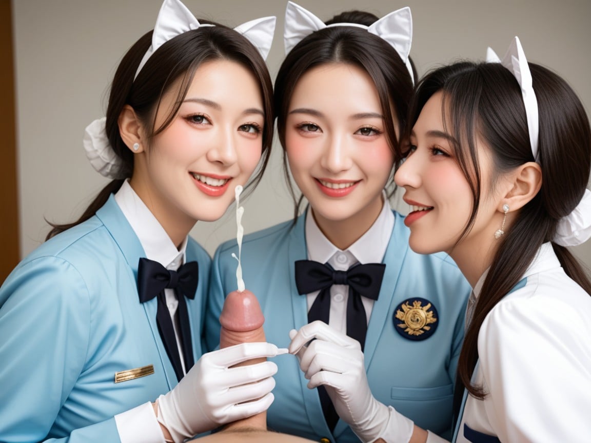 Three Women Wearing White Satin Gloves, Blowjob, 일본인아시아 AI 포르노