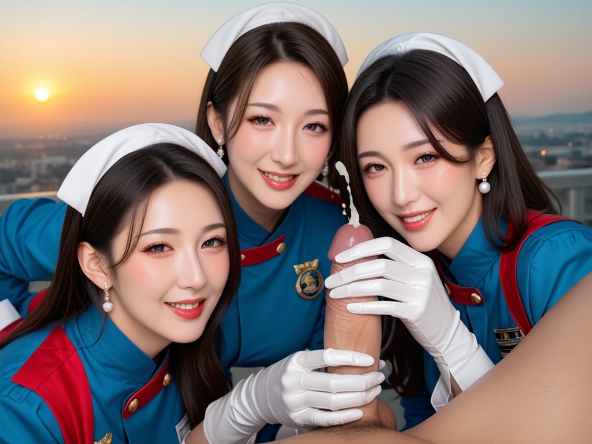 ブルネットの髪, Three Women Wearing White Gloss Gloves, 30+アジアのAIポルノ