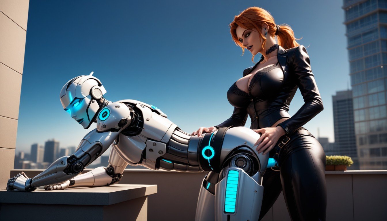 Submissive Human Male, Female Robot Dominatrix Nami Open Mouth And Blue Glowing Eyes, Pegging Pornografia peluda com IA