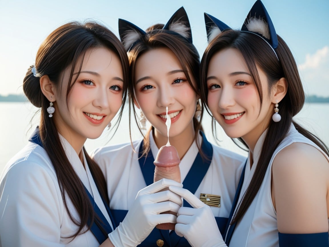 Three Women Wearing White Long Gloves, White Shirt, Oreilles De ChatPorno IA Furry