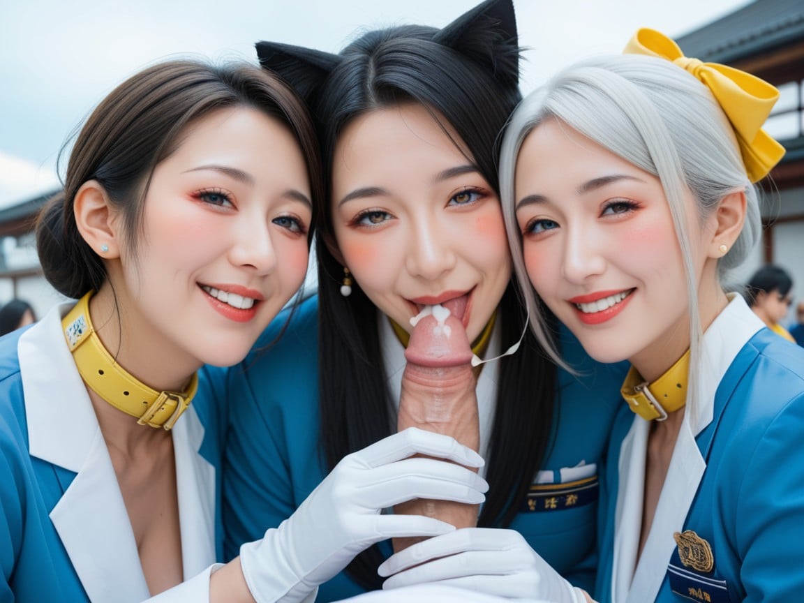 望向觀眾, Three Women Wearing White Gloves, 空中小姐AI獸人黃片