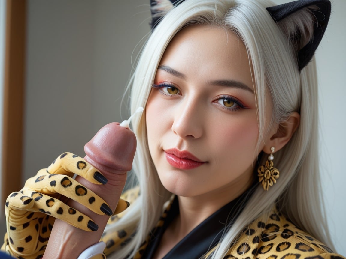 Women, 뷰어를 보면서, Wearing Yellow Leopard Print Gloves아시아 AI 포르노