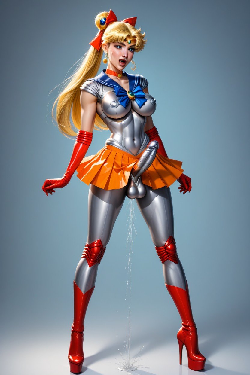 Big Red Hair Ribbon On Top Of Head, Very High Platform Heels, Sailor Venus Hairstyle Транссексуалы AI порно