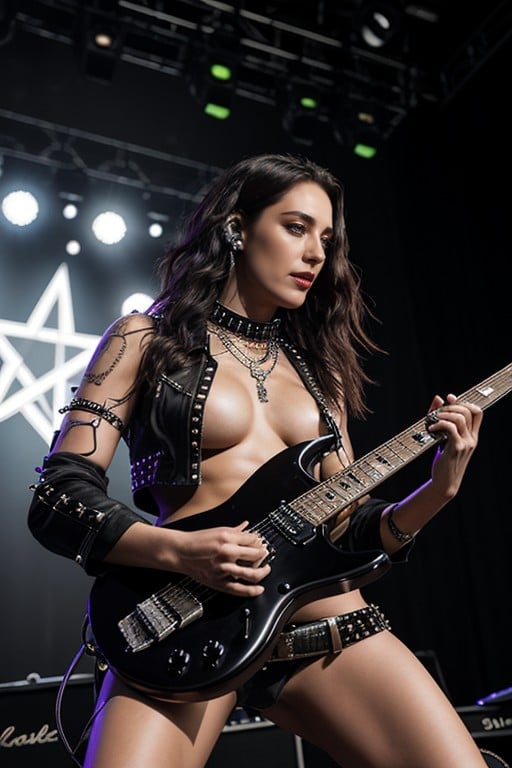 Studded Collar, Exposed Breasts, Pentagram Pornografia peluda com IA