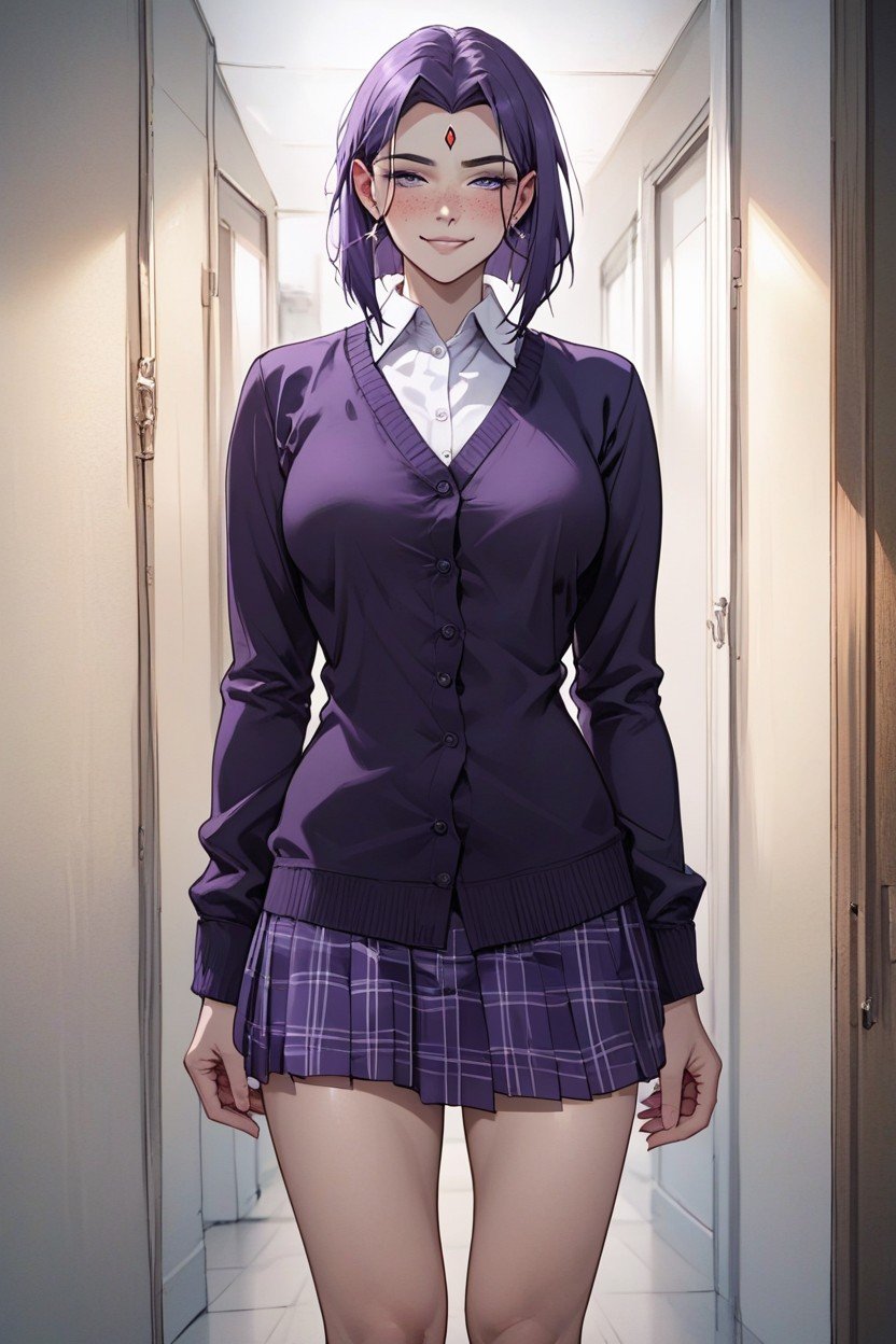 Purple School Shoes, Raven, Gray And Purple Plaid Skirt Furry AI Porn