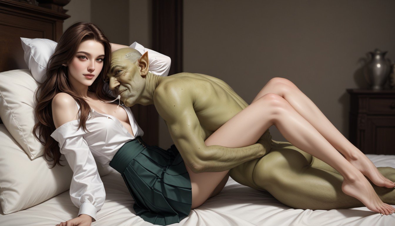 Extremely Realistic, Green Ugly Goblin Leaning On Her, Sucking BreastニューハーフAIポルノ