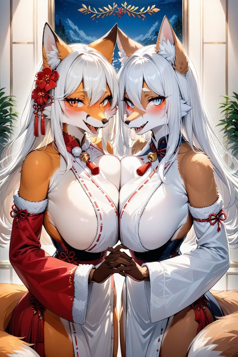 Fox Woman, Touching Brast, White Hair퍼리 AI 포르노