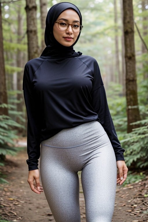 Glasses, Tight Long Sleeves T-shirt, Legging With Cameltoe Pussy Asian AI Porn