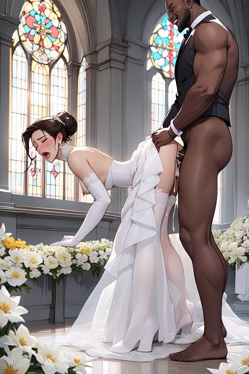 Beautiful Brunette Bride Cheating On The Groom With The Black Best-man, 18+, ImpregnationファーリーAIポルノ