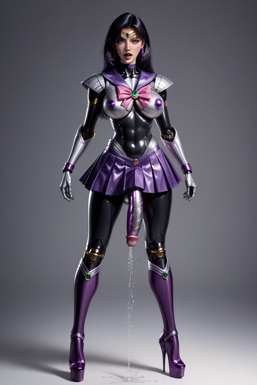 Erect Metallic Nipples, All Shiny And Metallic Sailor Saturn, Standing Shemale AI Porn