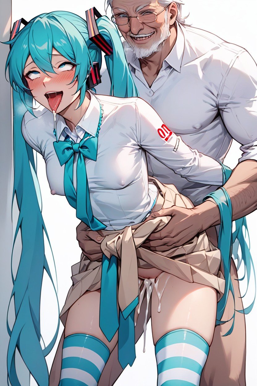 White Shirt, Cyan And White Striped Stockings, Cyan Sweater Around Waist Shemale AI Porn