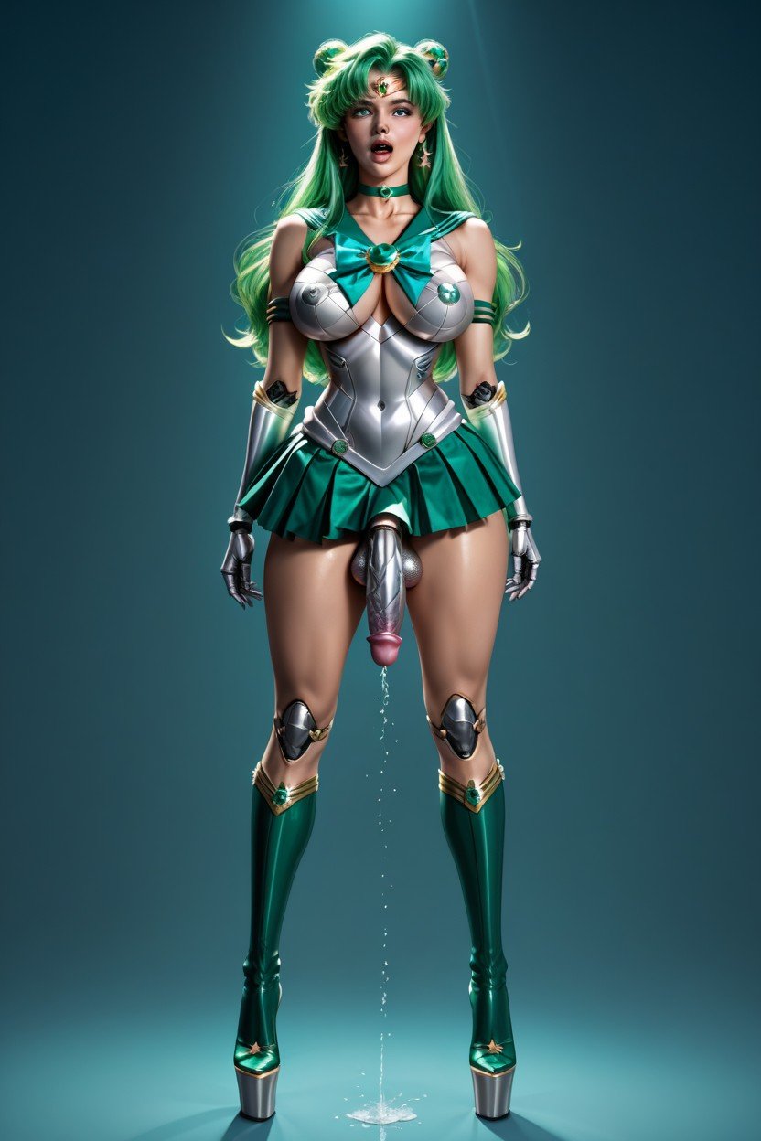 All Shiny And Metallic Sailor Neptune, Knee-high Green Boots, Metallic Breasts쉬메일 AI 포르노