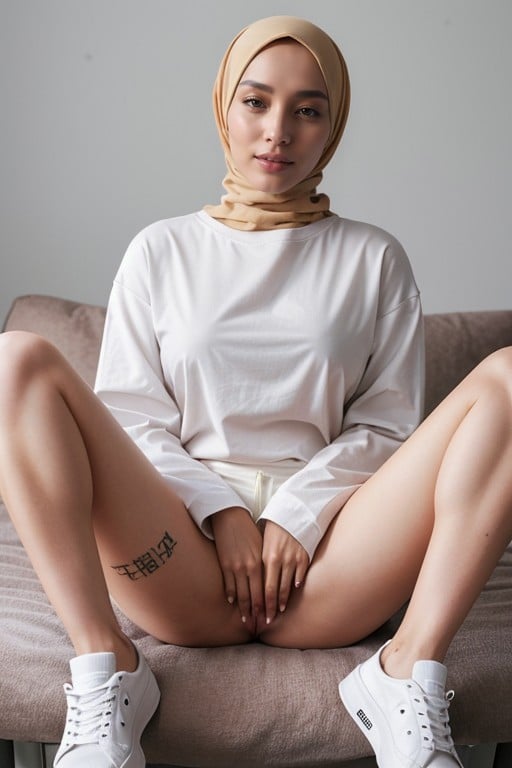 긴 소매, 전신, Chinese/hijab/tattooed/long Sleeves T-shirt/bottomless/naked/wide Spread Pussy/spreading Legs/white Shocks/sneakers/overall Views/crowded퍼리 AI 포르노