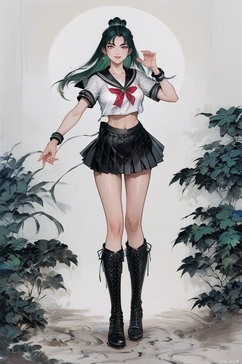 Darck Green Hair, Knee-high Black Boots, 18+ヘンタイAIポルノ