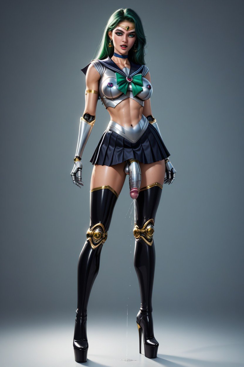 Darck Green Hair, Full Body, Robot Sailor Pluto Travesti IA Pornô