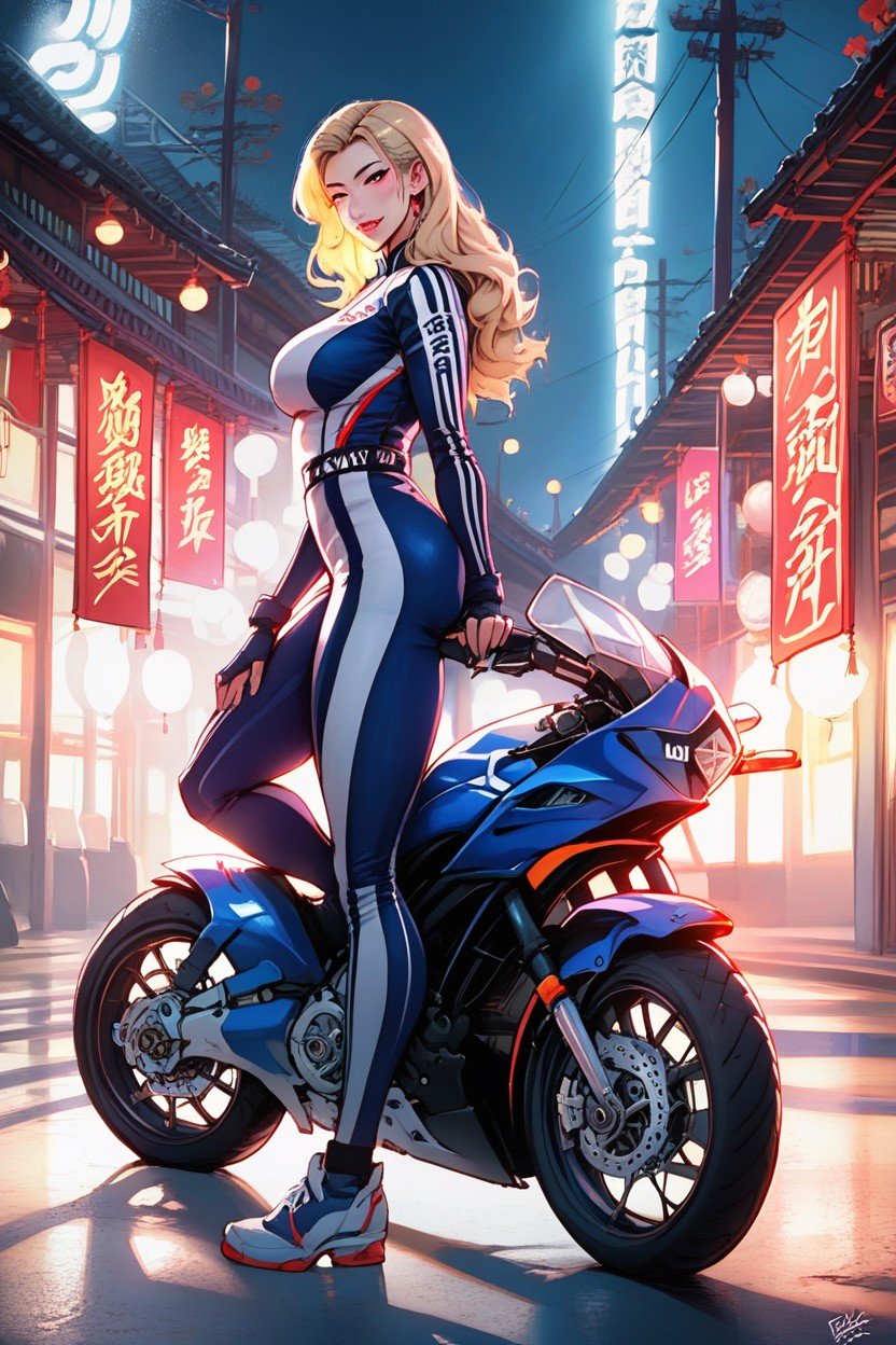 18+, A Blonde Woman Rides A Sport Racing Motorcycle, 아시아 여성쉬메일 AI 포르노