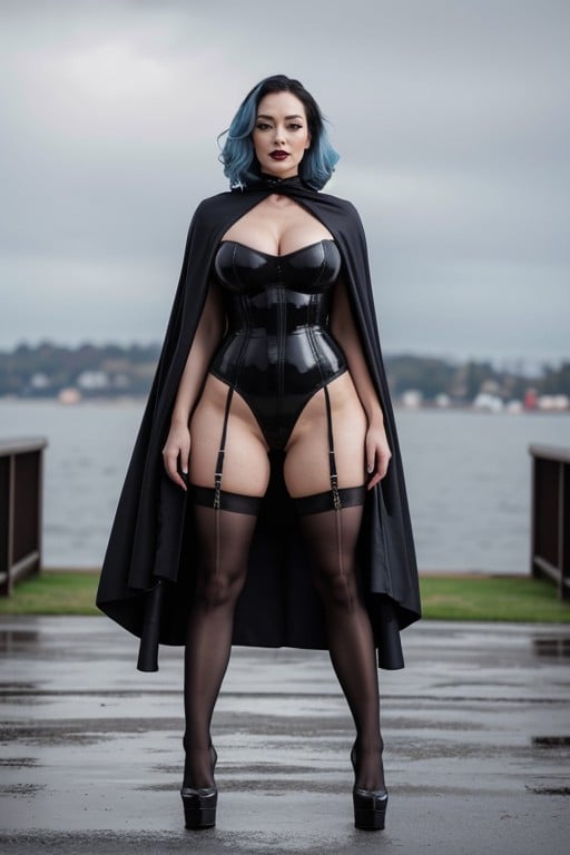 Dominatrix, Rain Soaked Fabric Sculpting Her Towering Form Wind Lifts The Drenched Layers, Elevating Her Stance With Dominance Water Drips From The Delicate DesignsHentai IA