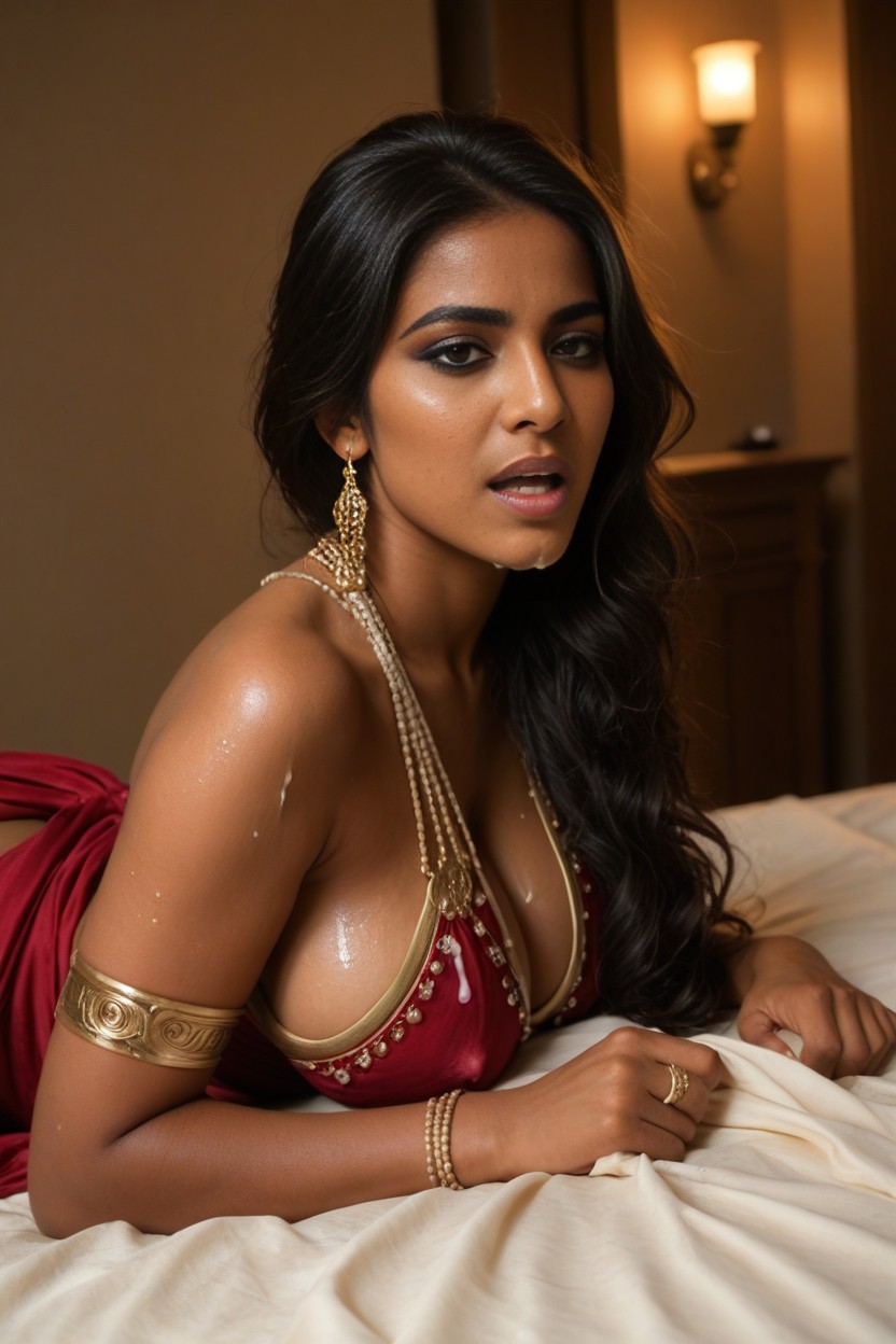 Indian Bedroom, Large Breast, Intricate Ethnic Indian Black Silk Satin Black Saree AI Porn