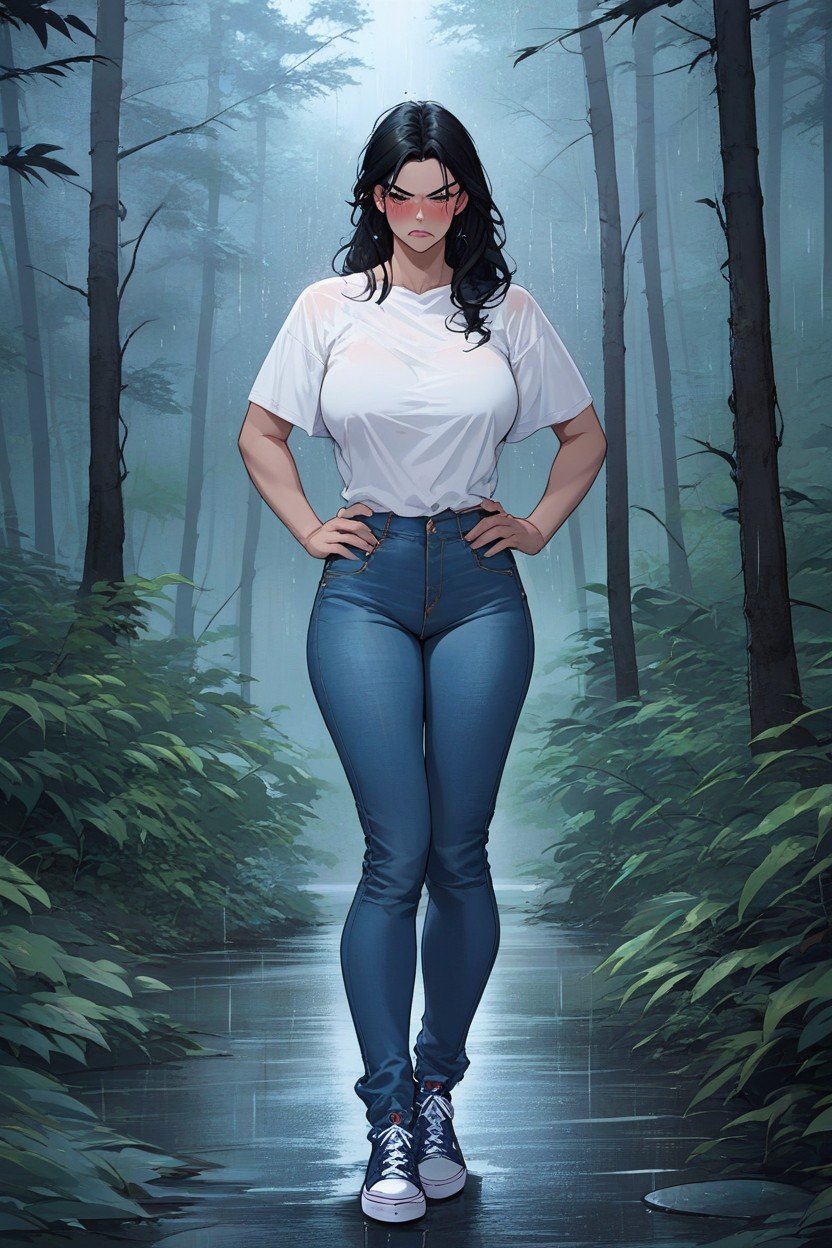 Wears Tight Three Quarter Length Jeans And Converse Sneakers She Wears A Long, Mascara She Has Delicate Features, And Has Lip Gloss Shes Holding A Backpack In Her Hands Its Nighttime And Shes In A Forest Pornografia peluda com IA