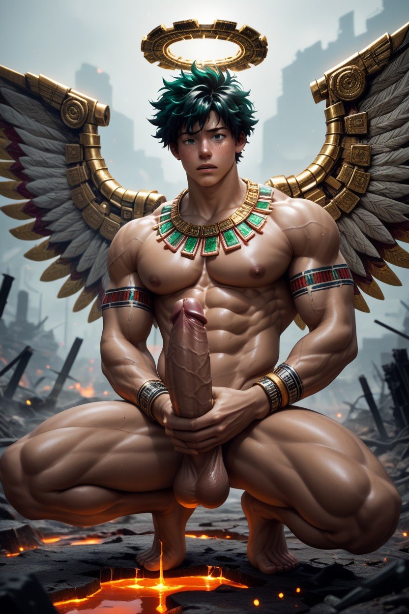 Exposed Cock, Squatting, Rusted Metallic Gold Jewel Wings AI Gay Porn