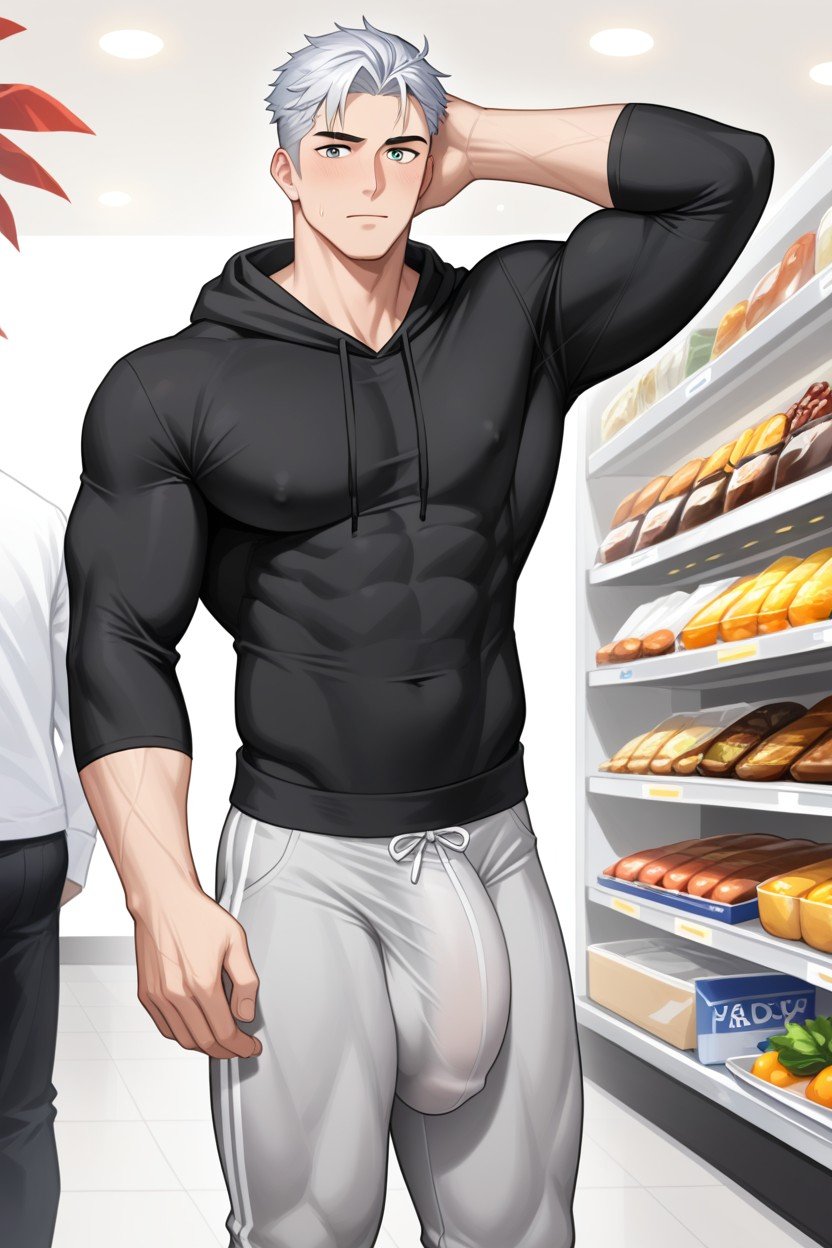 White American Hunk Standing In A Grocery Store Isle Wearing A Black Hoodie And Grey Sweatpants With Cock Bulging Down The Left Leg Of Sweatpants, Massive Hyper Cock Bulge In Pants, Dick Bulge Visible In PantsPorno IA Gay