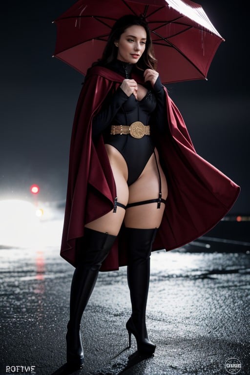 Luxurious Cloak, Wide Saddlebag Hips, Taut Legs And Massive Calves Her Platform Heels쉬메일 AI 포르노