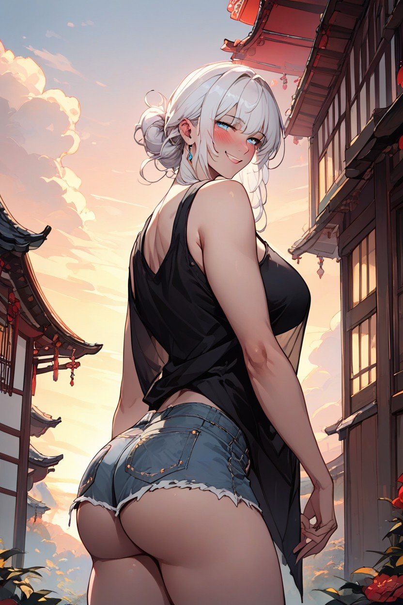 Bending Fowards Looking At Viwer, White Hair, Standing On A House Hall Shemale AI Porn