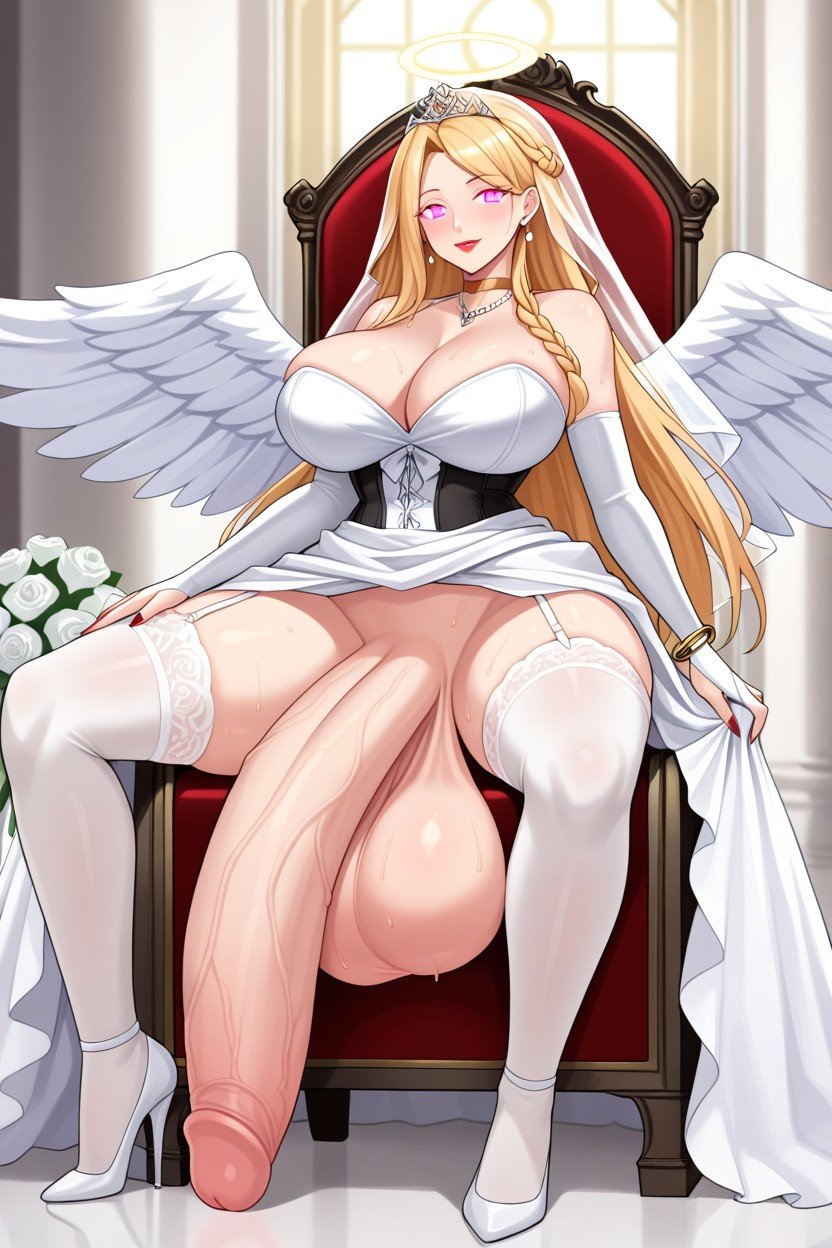 Long White Dress, Angel Wings, Hyper Penis Travesti IA Pornô