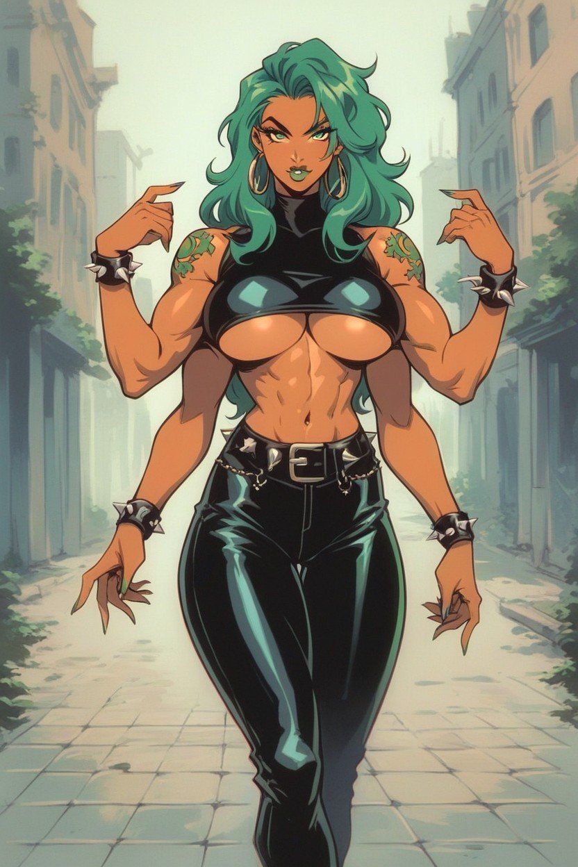 Green Hair, Muscular, Black Sleeveless Crop Top Hentai IA pornografia