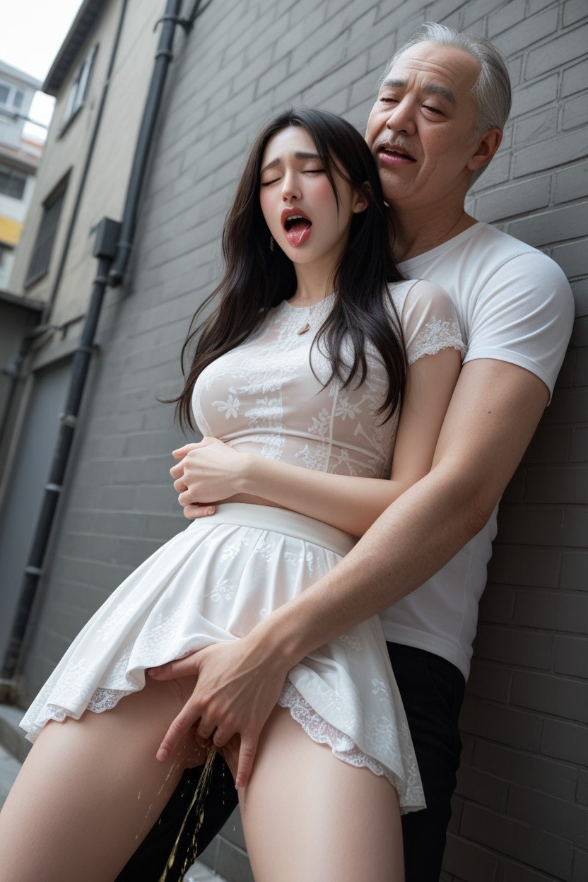 Alley, The Old Man Hands Fingering Her Pussy, Beautiful Japanese Woman Fingering Squirting By Old Man Pornografia asiática com IA