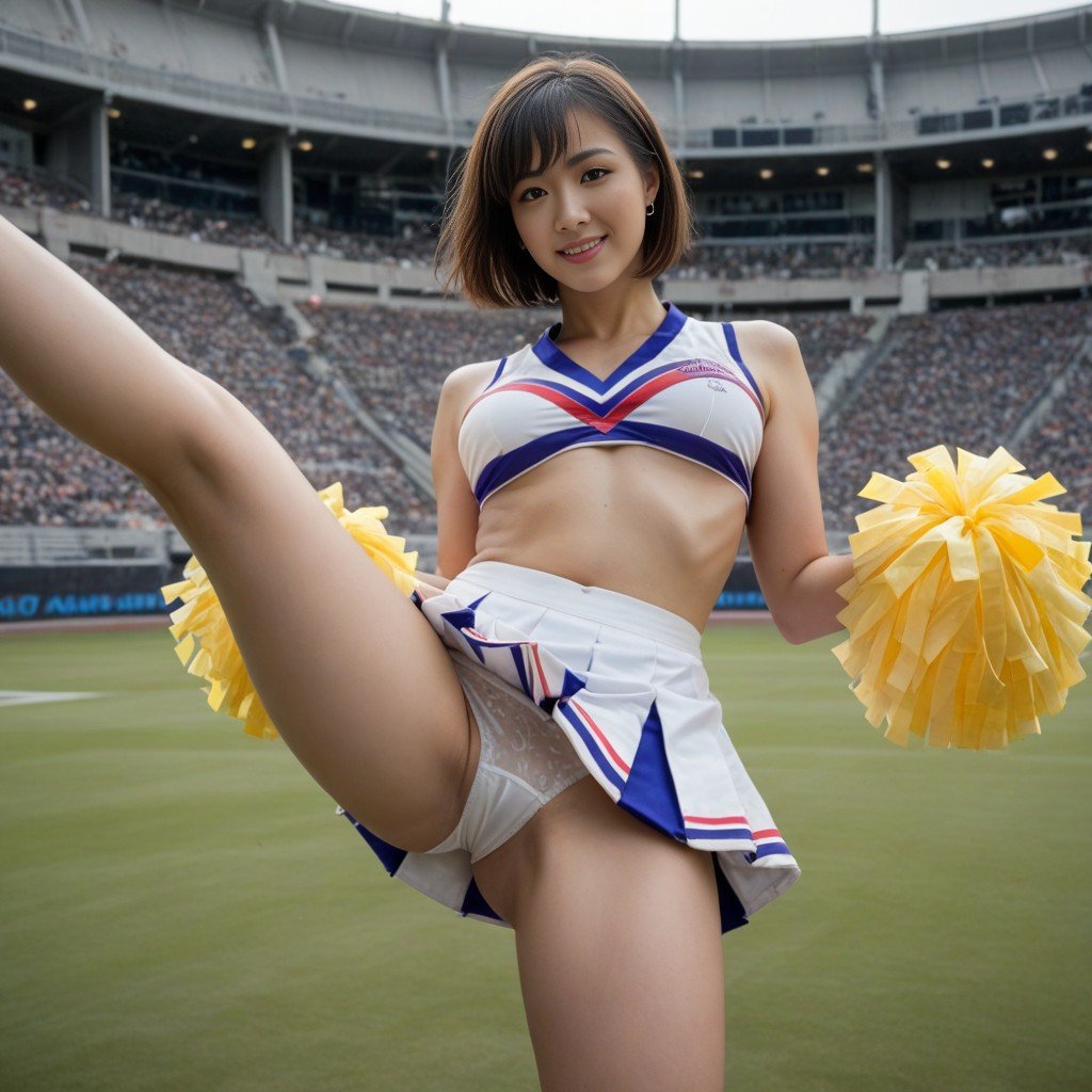 18+, A Beautiful Cheerleader Wearing A White Bralette And A White Skirt Lifting His Legs High To Expose His White Panties At A Stadium, JaponésPorno gay IA