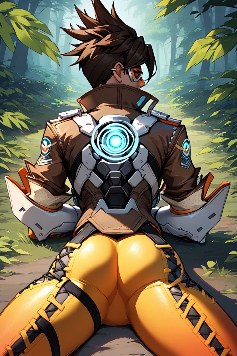 Auf Dem Bauch Liegen, Rückansicht, Tracer OverwatchTransfrau KI-Porno