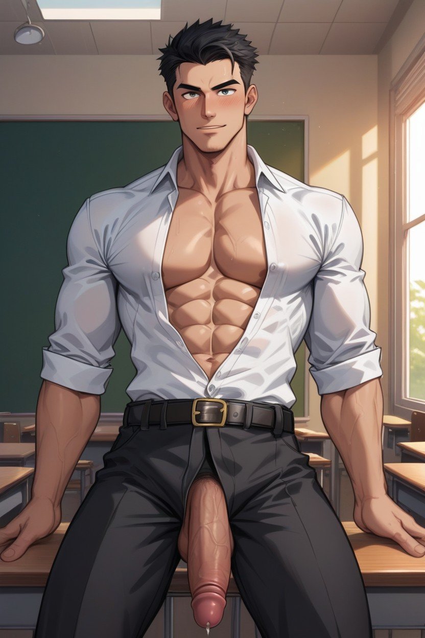 Erect Dick, Intense Blushing, Unbuttoned Shirt게이 AI 포르노