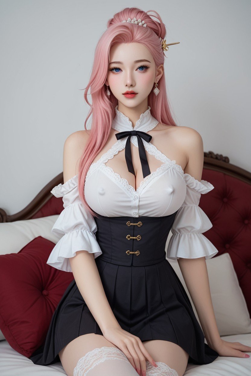 Chinese Hair Pin, White Floral Lace Socks, Black Suspender Skirt퍼리 AI 포르노