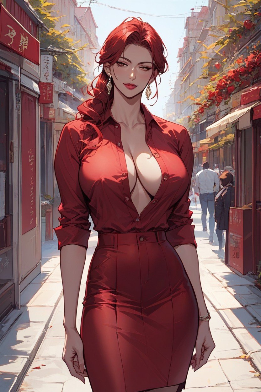 18+, Red Skirt, Red Unbuttoned Shirt Pornografia peluda com IA