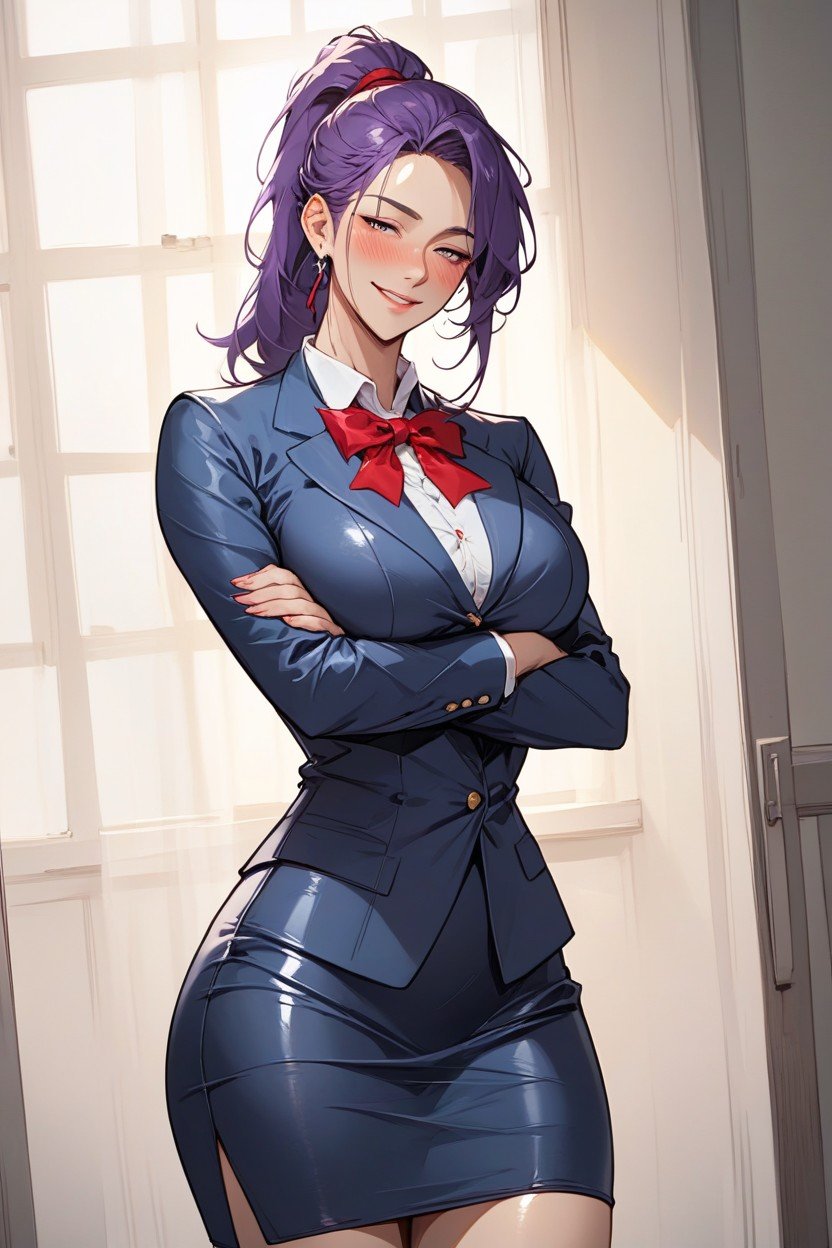 Black Office Skirt, Arms Crossed, Ponytail Hentai AI Porn