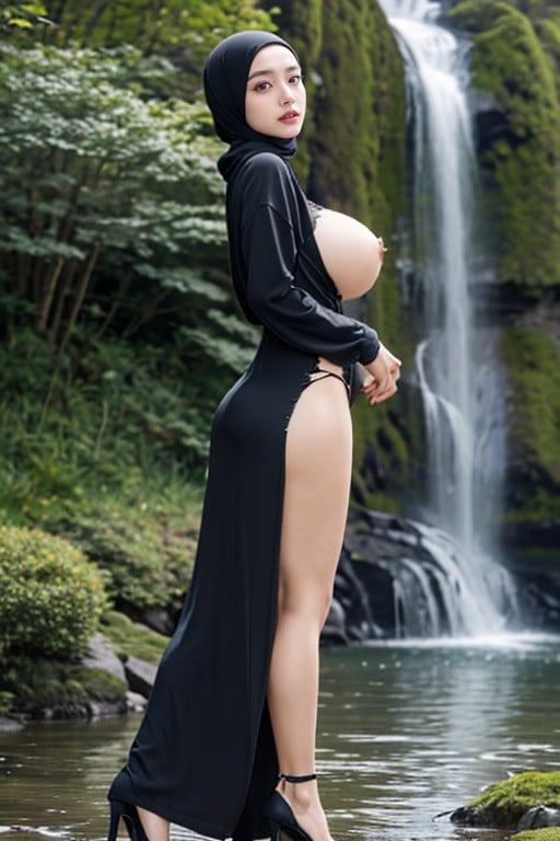 Waterfall, Sequin Dress, Breast Expansion Asian AI Porn