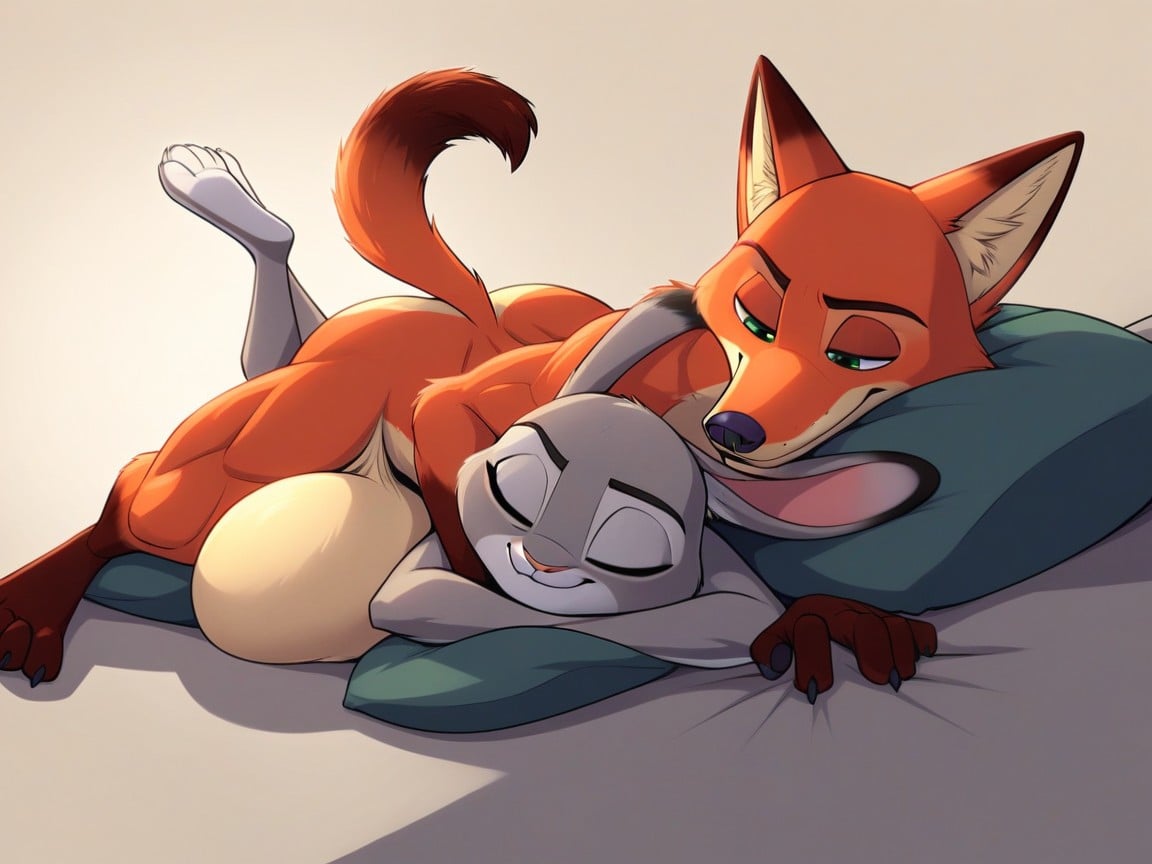 Gigantic Balls, Judy Hopps Laying Across Nick Wilde, Deitado De Bruços Pornografia peluda com IA