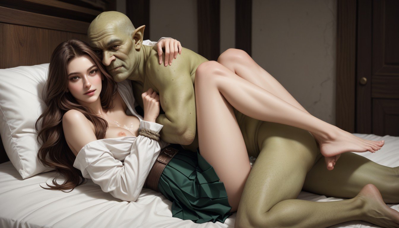 Green Ugly Goblin Leaning On Her, Tied Arms Behind Head, Knees UpAI兽人黄片