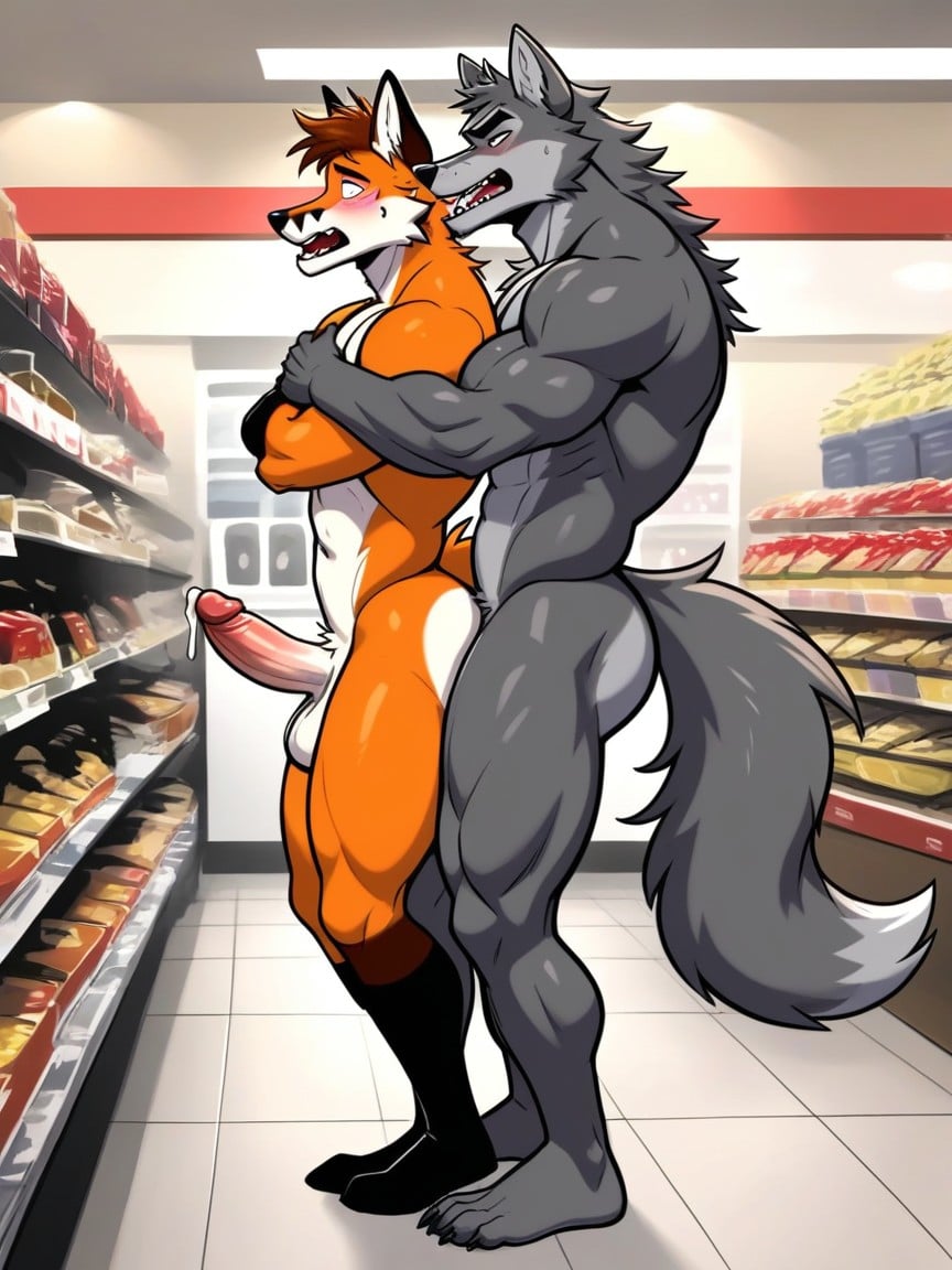 Muscular Grey Wolf Covering Fox Mouth With Hand, 18+, Color Brown Hair Furry AI Porn