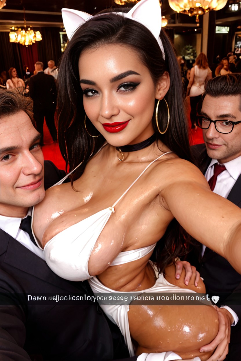 White Slutty String Dress, Smiling, Red Lipstick AI Porn