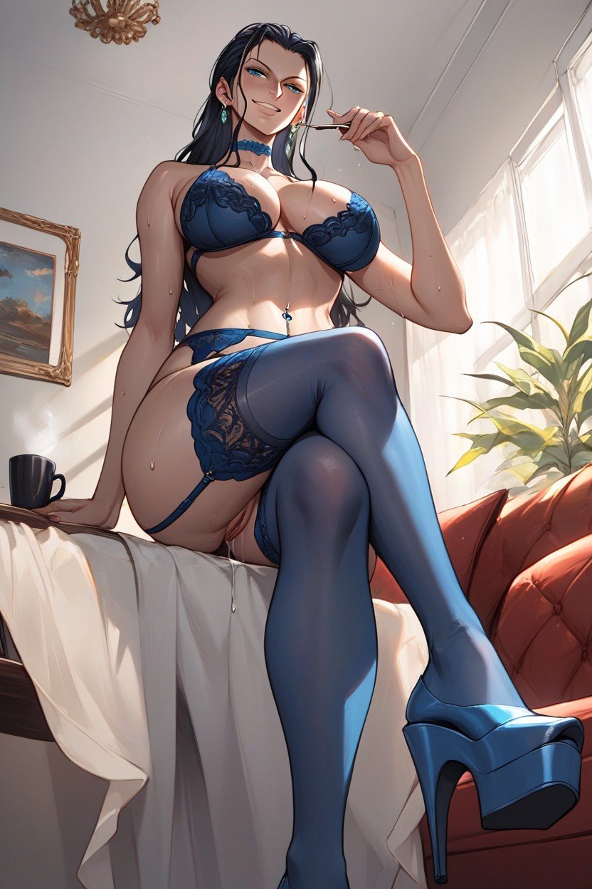 Blue Sexy Bra, Living Room, Bottom Up Hentai AI Porn