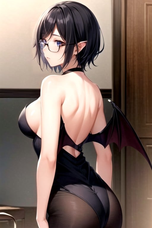 One Woman, Bat Wings Growing From Shoulder Blades, Black Hairshort HairアジアのAIポルノ