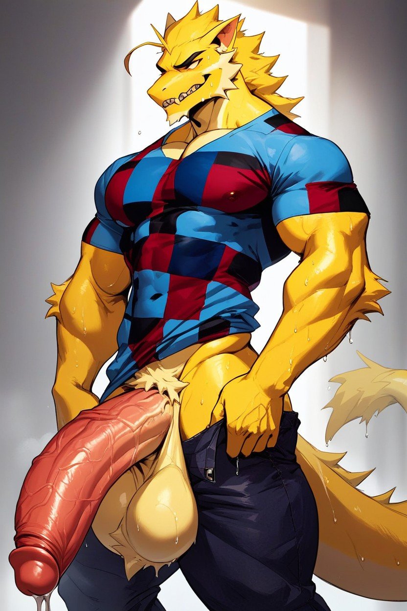 Monster From Undertale Gigantic Cock No Arms Yellow Skin Scaly Skin Fur Wetcheckered Shirt Huge Balls Dripping Juicy Wet, 18+, Gigantic Furry AI Porn