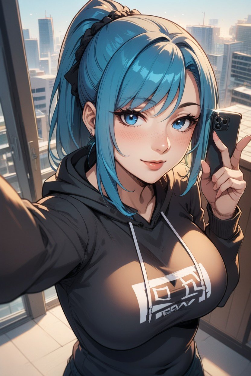 Balcony, Hoodie, Rounded Breast Hentai AI Porn