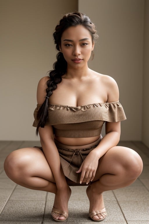 Braided, Mini Skirt, Squatting Asian AI Porn