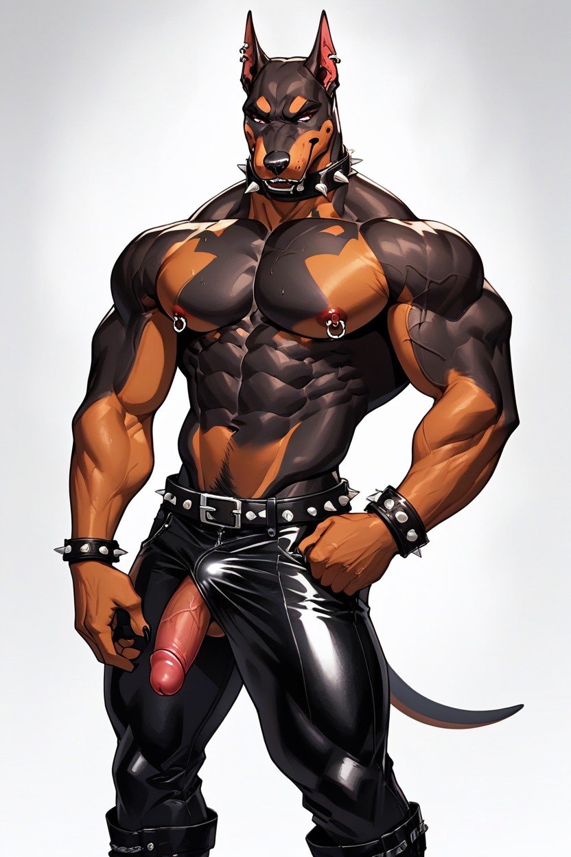 Gay Doberman, Spiked Belt, Spiked Bracelets Furry AI Porn