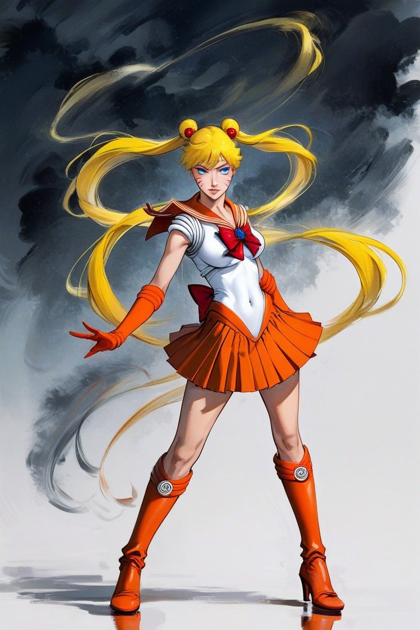 Knee High Orange Boots, Long Yellow Hair Twintails, Face Hentai IA pornografia