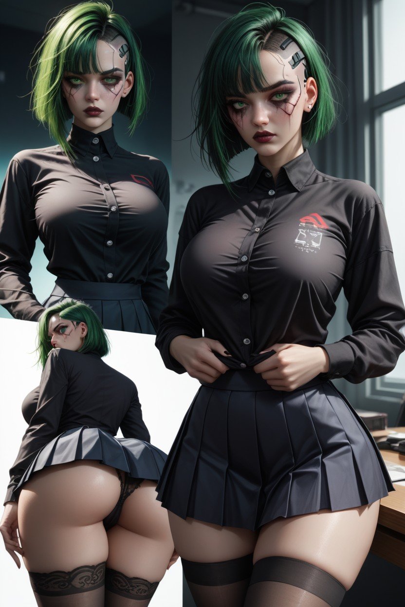 Green Hair, Getting Undressed, School Outfit Shemale AI Porn