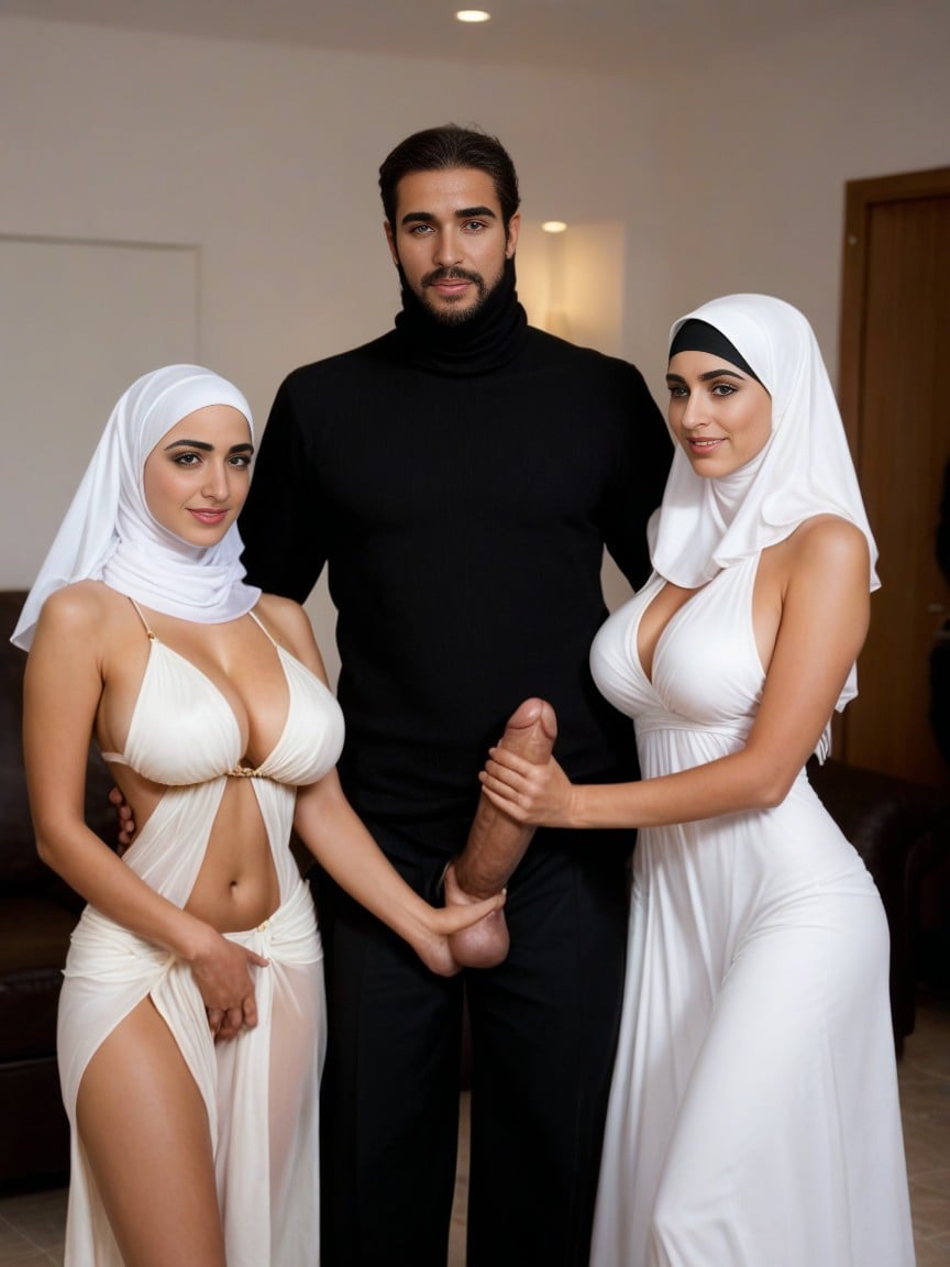 Man With Impossibly Massive Cock Standing With Arabian Women, Man In Full View, Skinny Furry AI Porn